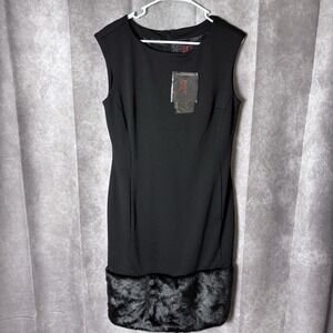NEW Adrienne Landau Little Black Dress Faux Fur Shirt Hem Sleeveless Medium